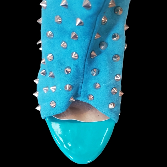 Designer Inspired Teal Studded Peep Toe High Heel Boots Size 42 - Picture 6 of 16